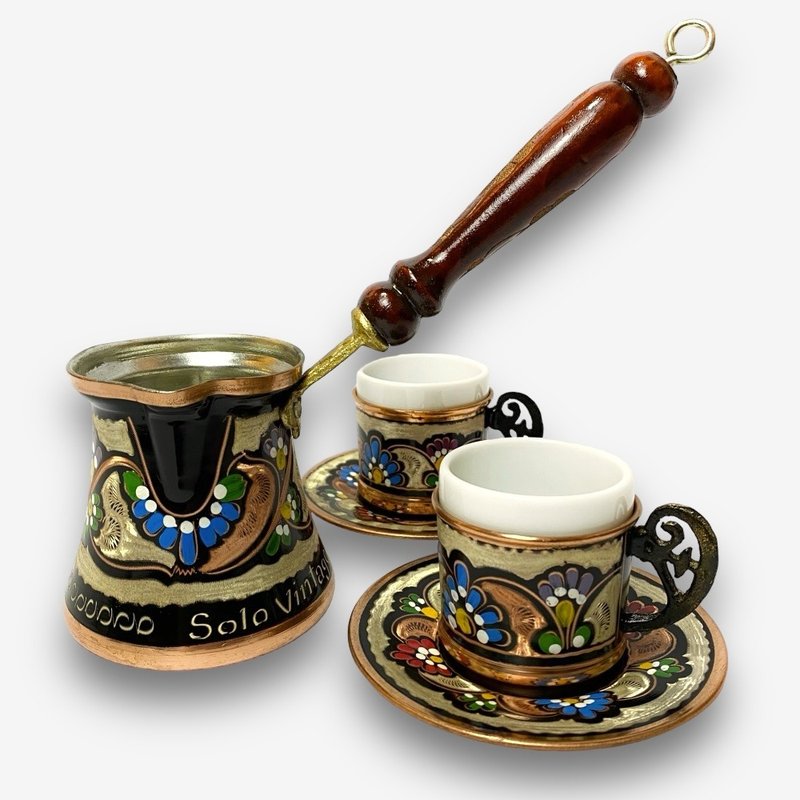 SOLO歐洲家居 - 土耳其手工銅雕 釉彩2杯1壺 (加贈土耳其咖啡粉) - 咖啡壺/手沖壺 - 銅/黃銅 咖啡色