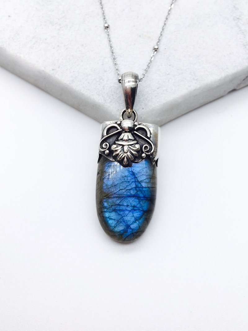 拉長石925純銀民族風項鍊 尼泊爾手工鑲嵌製作 款式1 - 項鍊 - 寶石 藍色