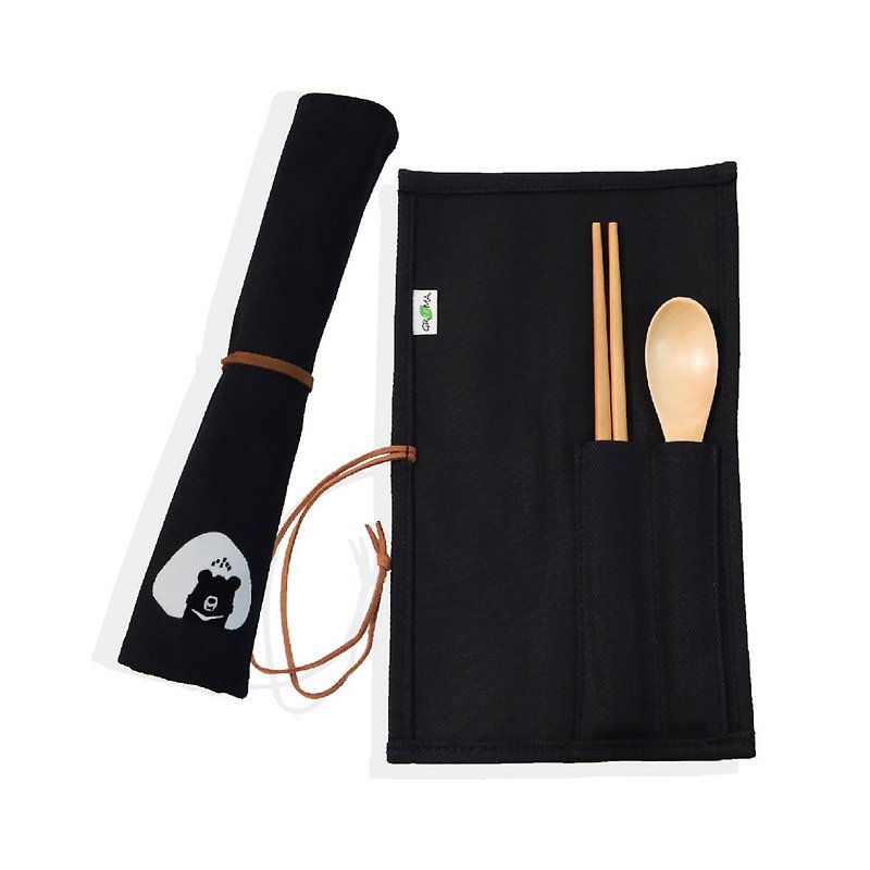 Eco-friendly tableware canvas storage bag set including chopsticks and spoons, extremely tactile flocking illustration, black bear rice balls - ช้อนส้อม - ผ้าฝ้าย/ผ้าลินิน สีดำ