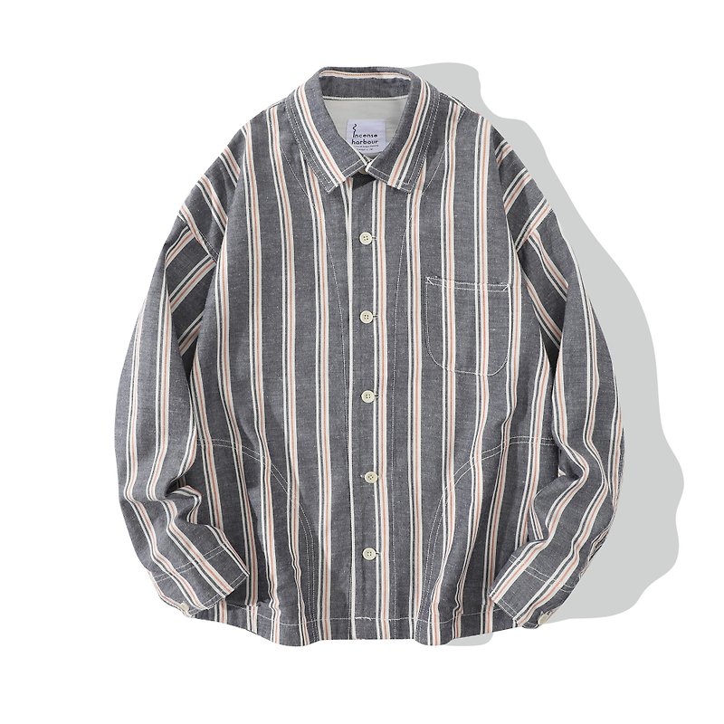 Incense Habour Japanese fabric vintage condition pattern Oxford gray long-sleeved shirt shirt - Men's Shirts - Cotton & Hemp 