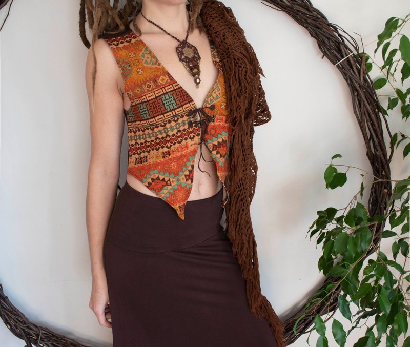 Brown and orange tribal print vest, linen top, woodland vest - 背心/無袖上衣 - 棉．麻 咖啡色