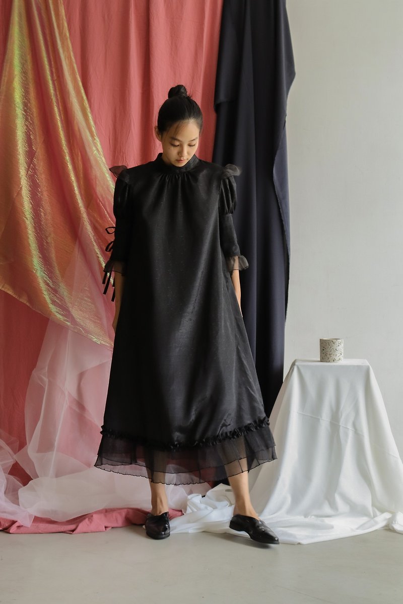 聚酯纖維 洋裝/連身裙 黑色 - 烏干紗小飛袖蝴蝶結洋裝