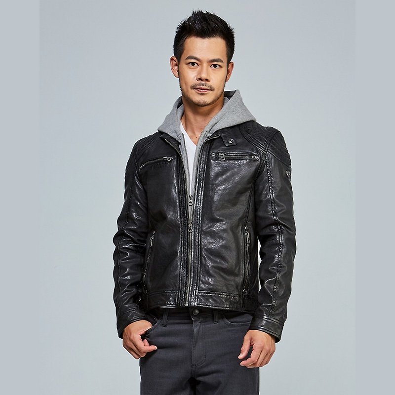 [Germany GIPSY] GMBarlo forward tough guy leather jacket with hood T | black - เสื้อโค้ทผู้ชาย - หนังแท้ สีดำ