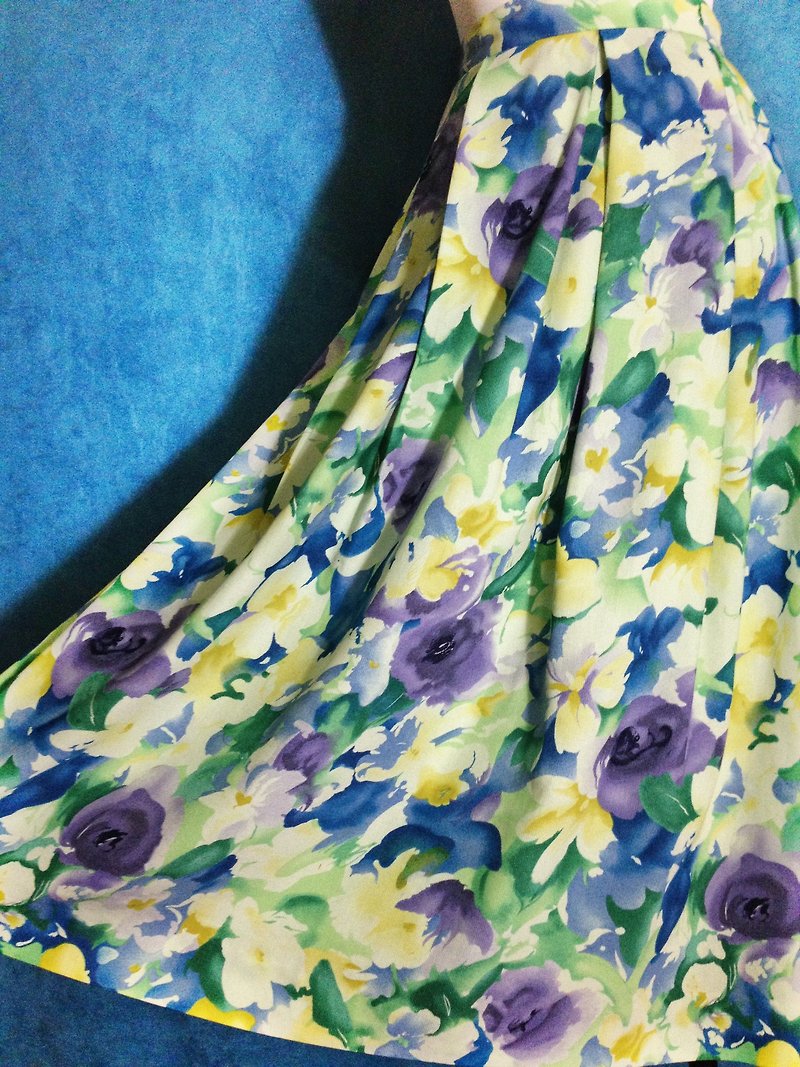 ピンポンヴィンテージ[ヴィンテージスカート/ヴィンテージスカート水彩画の花の咲く]は外国VINTAGEを戻します - スカート - ポリエステル グリーン