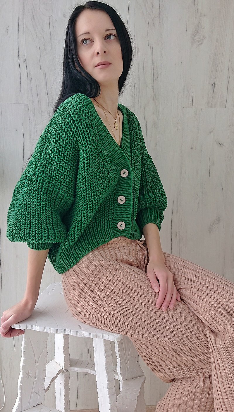 Green V neck cardigan Rib knit lacket Puff sleeve blouse Cotton sweater buttons - Women's Sweaters - Cotton & Hemp 