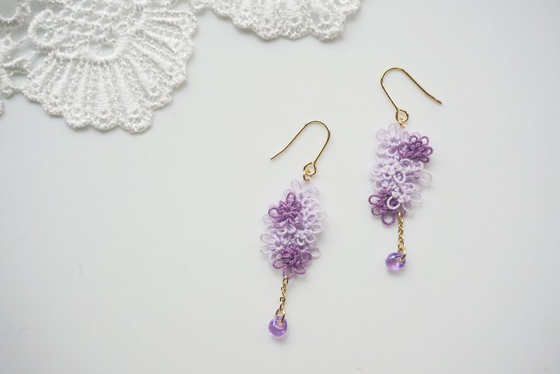 傳統手工梭織蕾絲耳環 - 紫。針式/夾式 - 耳環/耳夾 - 棉．麻 紫色