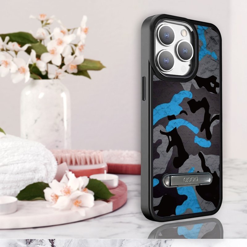 iPhone 15 14系列 軍規防摔鋁合金鏡頭框立架手機殼-數位迷彩藍 - 手機殼/手機套 - 其他材質 多色