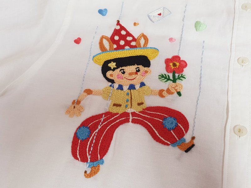 Hand Embroidery Shirt, Linen Fabric, Pinocchio, Merry Go Round - Women's Shirts - Thread White