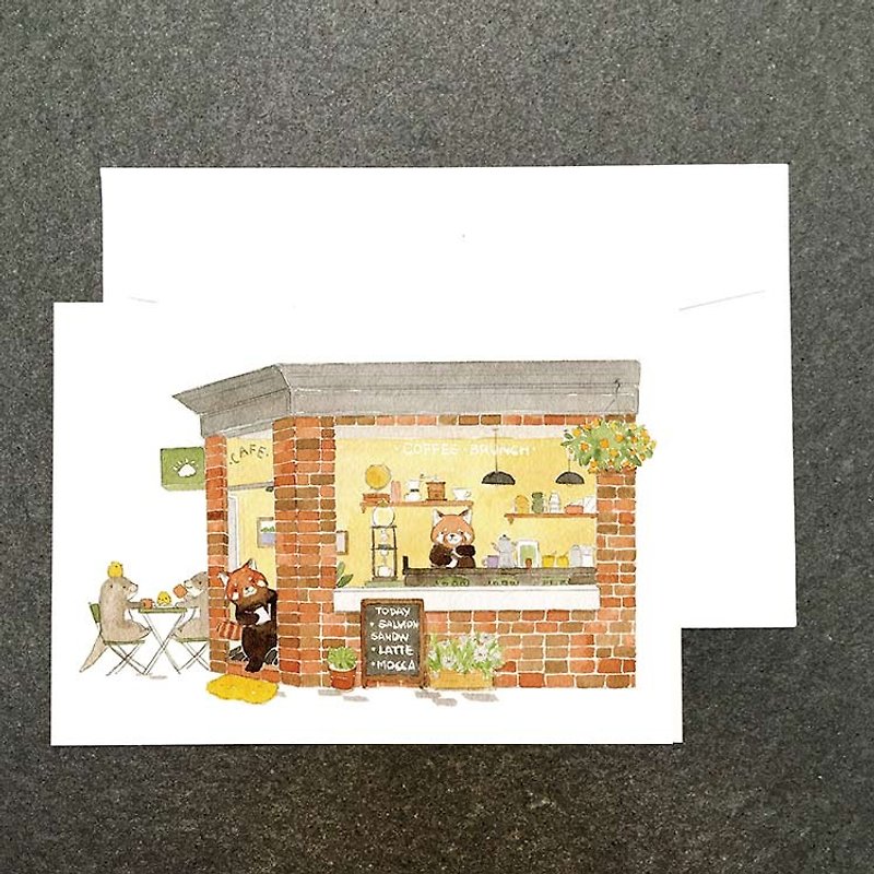 Watercolor postcard of Little Panda Cafe in Animal Store Street - การ์ด/โปสการ์ด - กระดาษ 