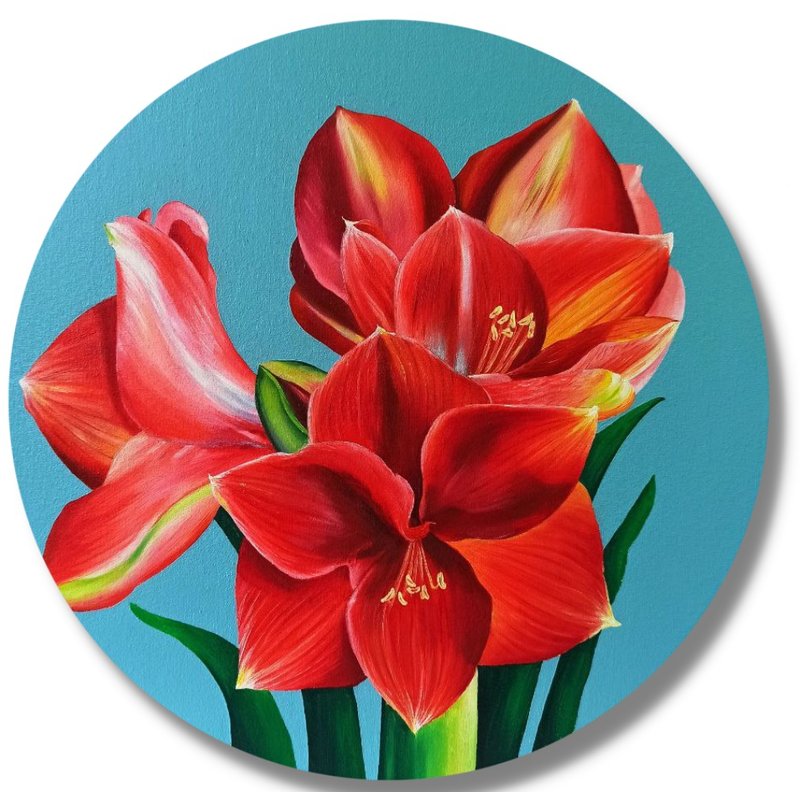 Oil Painting Red Amaryllis Floral Original Art Wall Art Lilies - Posters - Cotton & Hemp Multicolor