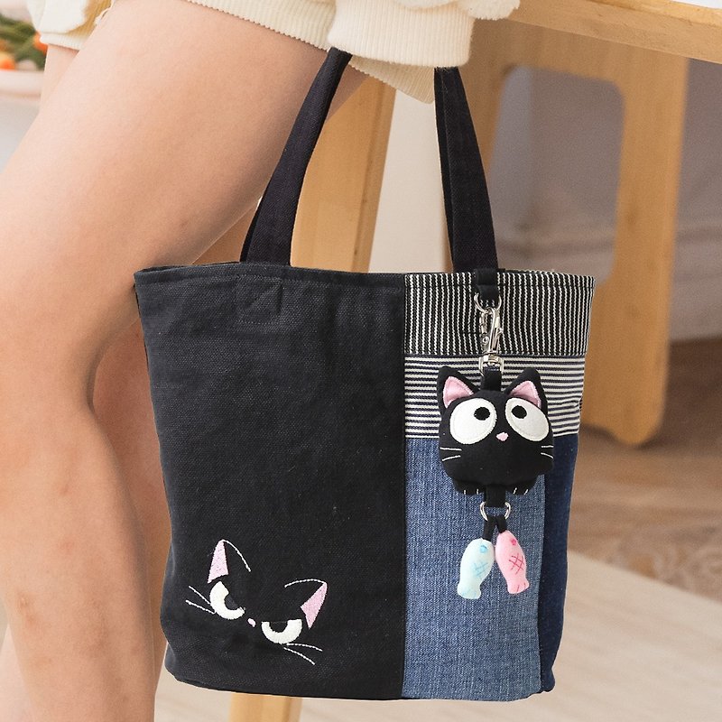 Little black cat spliced ​​three-layer shoulder/handheld/shoulder/outing bag [810134] - กระเป๋าถือ - ผ้าฝ้าย/ผ้าลินิน สีน้ำเงิน