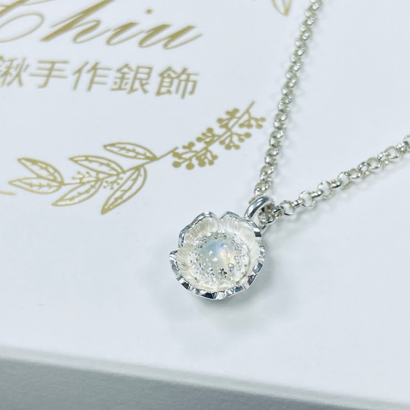 純銀 迷你 杓藥花 花朵 月光石 項鍊 S393 - 項鍊 - 純銀 銀色