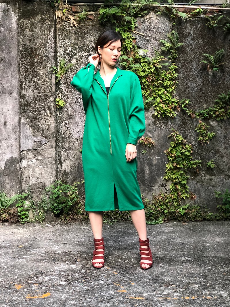 前開拉鍊綠洋裝 - 洋裝/連身裙 - 其他材質 綠色