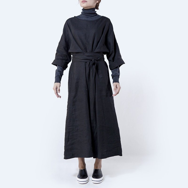 One piece dress with belt /  linen, color: black - One Piece Dresses - Cotton & Hemp Black