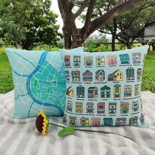 blue-bangkok Cushions, 2 patterns in 1 card, map of Rattanakosin Island / old building pattern in Bangkok