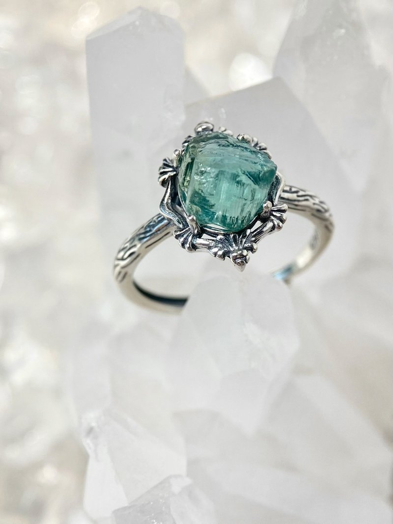 天然藍碧璽原石 復古S925銀戒指 可調節戒圍 湖藍薄荷綠雙色碧璽 - 戒指 - 水晶 