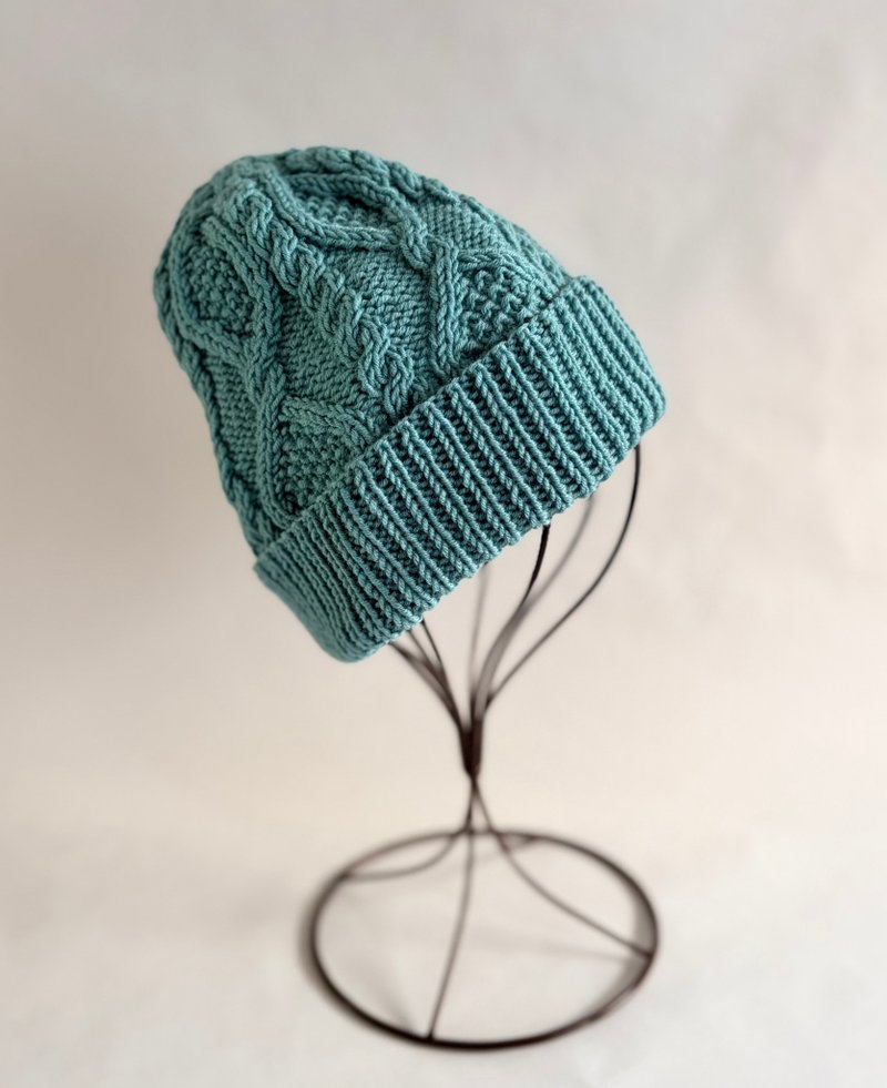 軟綿綿100%美麗諾套頭毛線帽 藍綠色 - 帽子 - 羊毛 