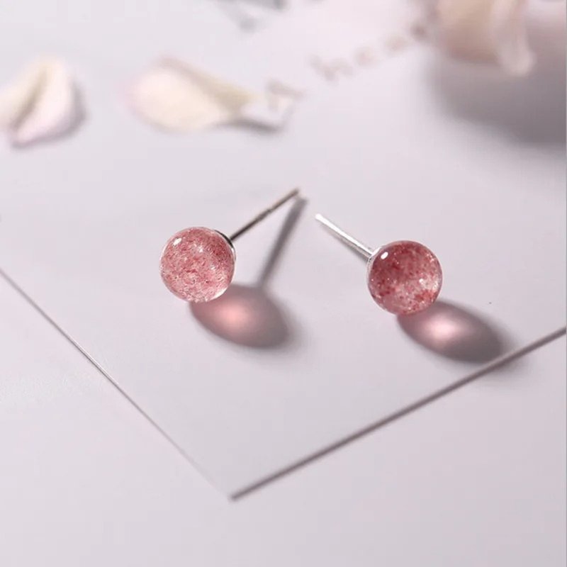925 Sterling Silver Ball Studs Handmade MINI Size Women Stud Earrings Strawberry - 耳環/耳夾/耳骨夾 - 寶石 多色