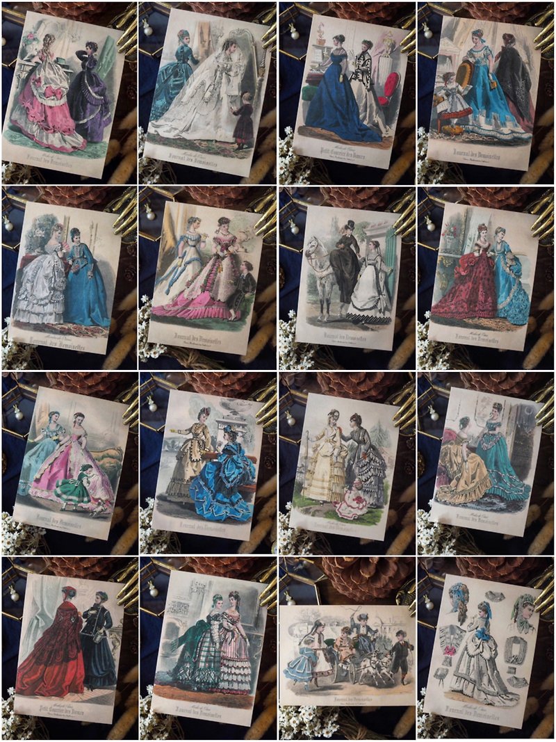 全套16張 法國仕女服裝圖鑑系列 復刻版明信片 - 卡片/明信片 - 紙 