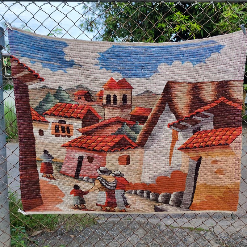 ヴィンテージ ペルー ウール タペストリー 手織り 村のシーン キッチュ ラグ - 絨毯・カーペット - その他の素材 多色