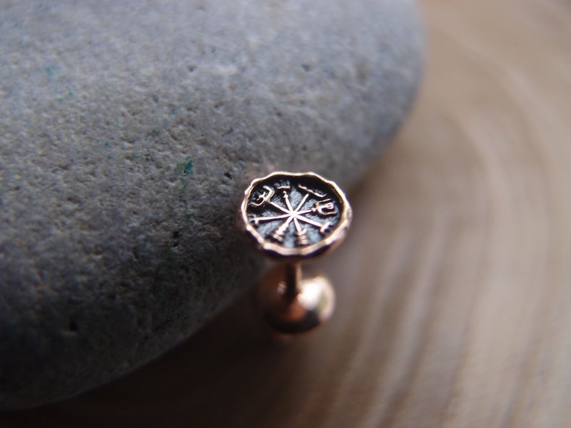 14K Gold Vegvisir Viking compass viking gift unisex Single stud earring - ต่างหู - ทอง 24 เค สีทอง