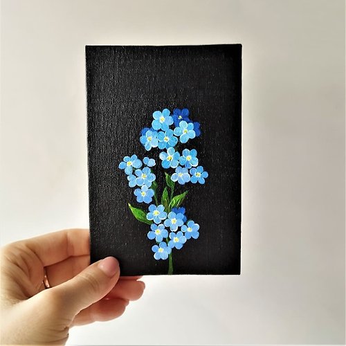 Artpainting Small wall art Blue flower painting canvas Mini painting forget me not flowers