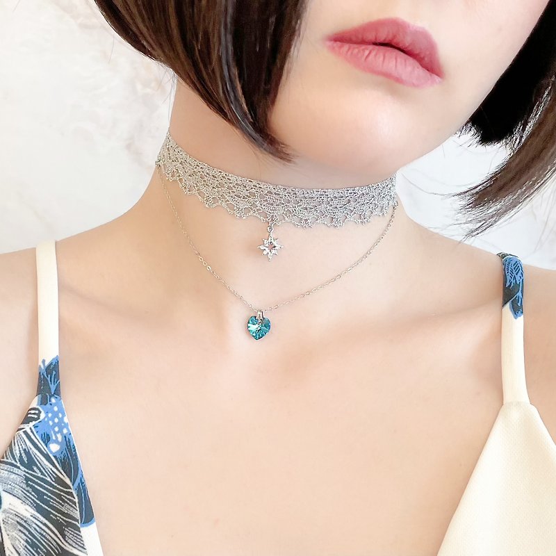 Silver / First Star and Love / Star and Heart Lace Choker SV074S - Chokers - Other Materials Silver