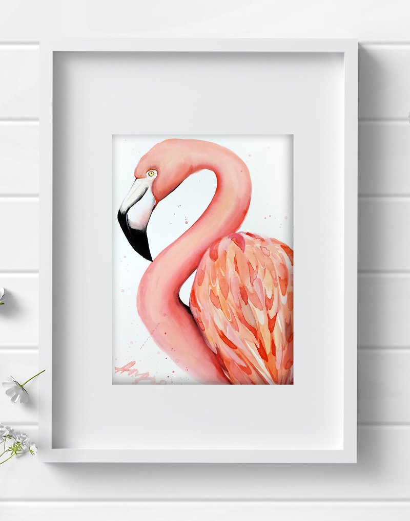 Watercolor original flamingo bird room decor aquarelle painting by Anne Gorywine - ตกแต่งผนัง - กระดาษ ขาว