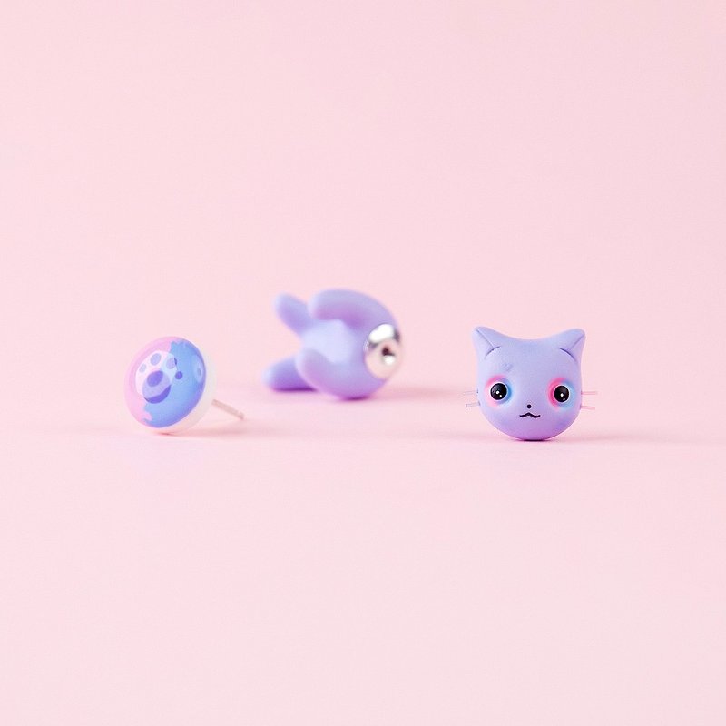 Pastel Purple Cat Earrings - Polymer Clay Jewelry, Handmade and Handpainted - Earrings & Clip-ons - Clay Purple