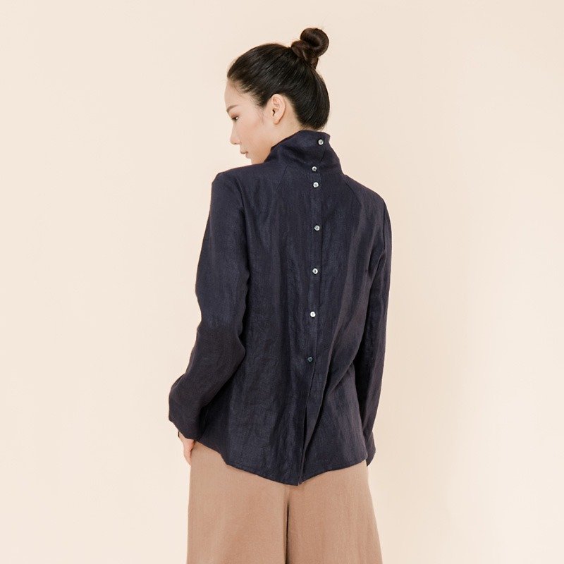 BUFU  linen turtleneck  back button shirt    SH170619 - Women's Shirts - Cotton & Hemp Blue