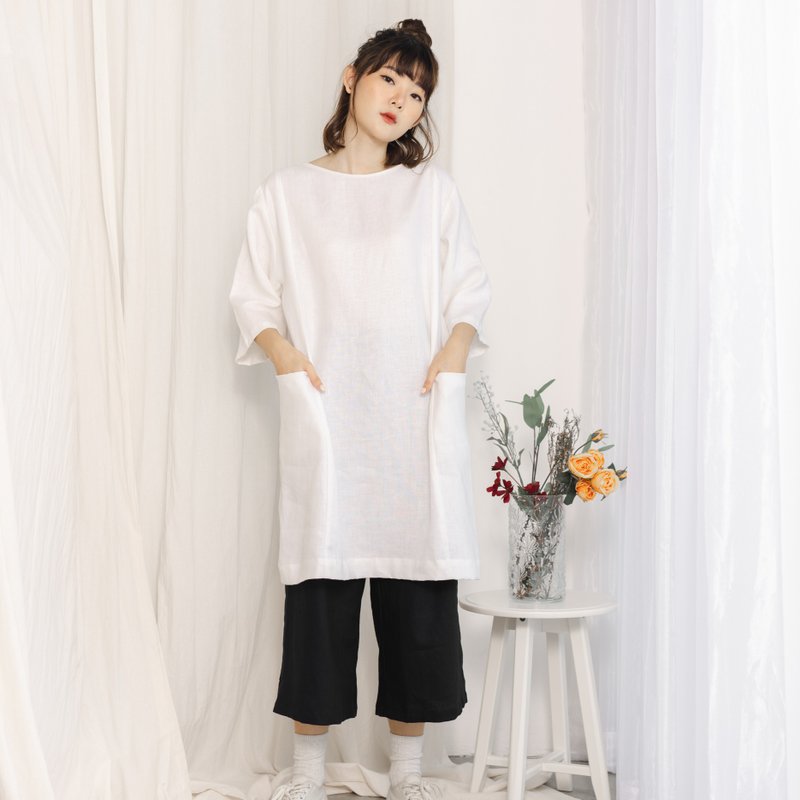 Oversize Linen 3/4 Sleeve Dress And Tunic - White - 女上衣/長袖上衣 - 亞麻 白色
