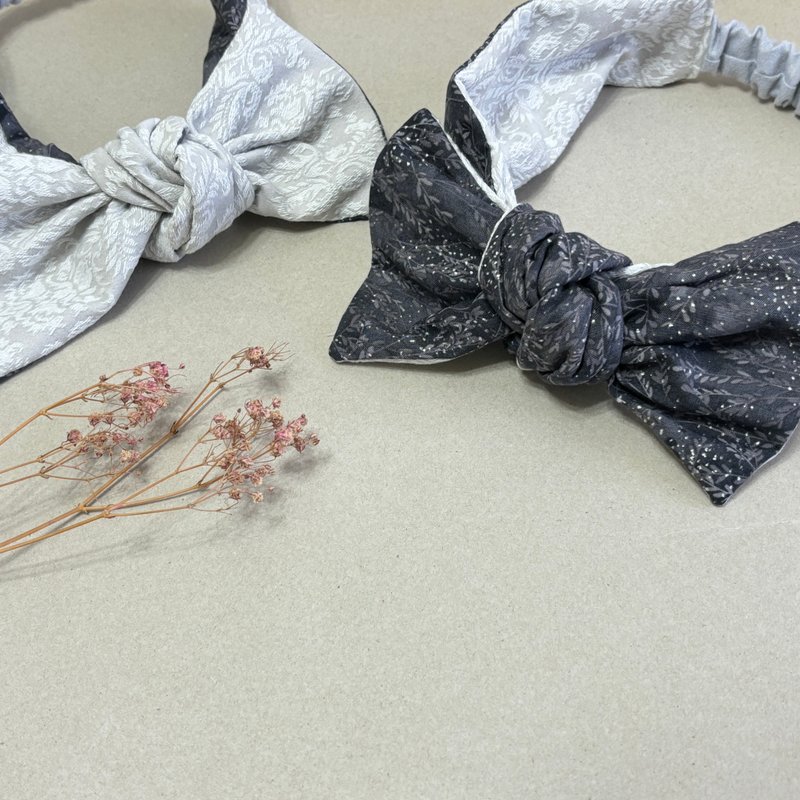 秋冬系列 | 黑葉雪白 | 可自綁蝴蝶結髮帶 - 髮箍/髮帶 - 棉．麻 卡其色