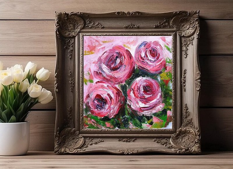Abstract pink Roses oil painting small sizes stretched canvas impasto style - ตกแต่งผนัง - วัสดุอื่นๆ หลากหลายสี