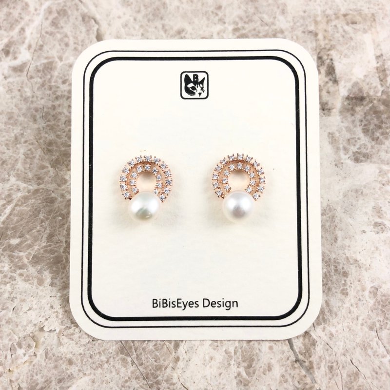 Bibi's Fun Selection - Imitation Antique Series Rose Gold Double Circle Rhinestones and Pearls Sterling Silver Earrings - Earrings & Clip-ons - Pearl 