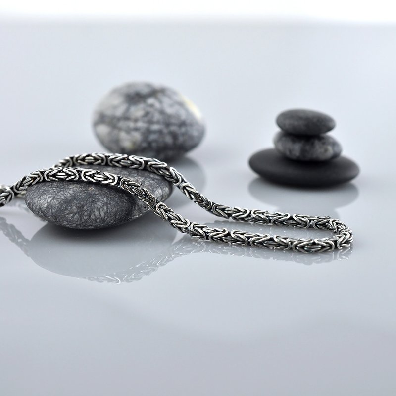 Sterling Silver Oxidized Square Byzantine Chain,SV925 - สร้อยคอ - เงินแท้ สีเงิน
