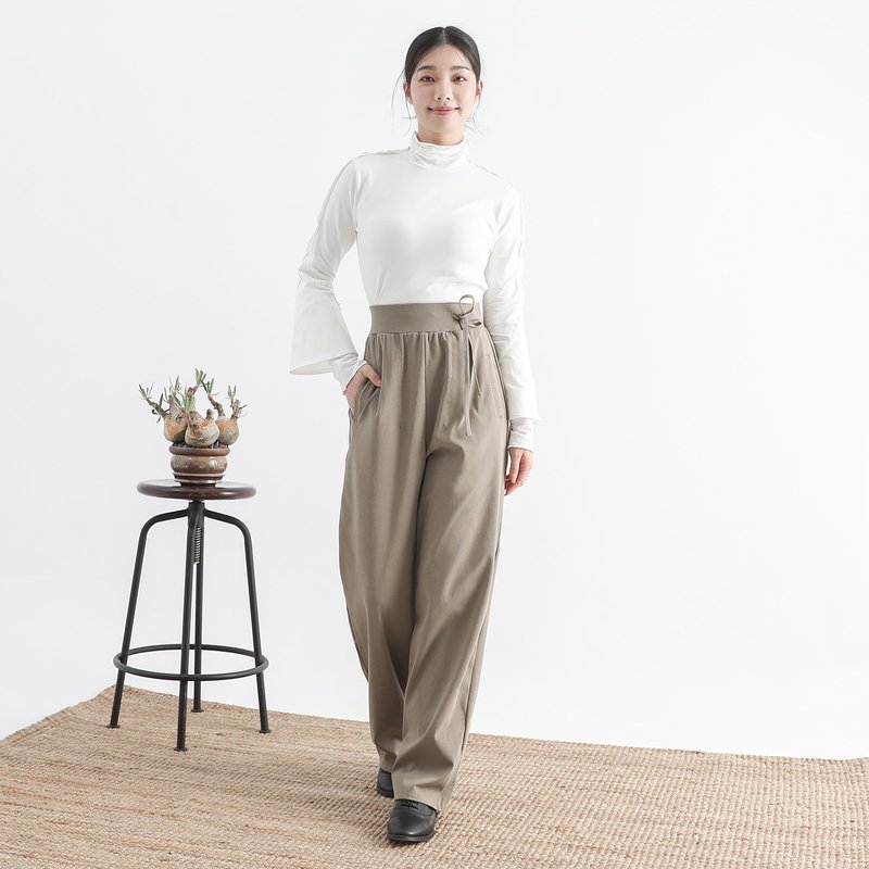 Puzhen_Puzhen ribbed trousers_CLB512_olive green - Women's Pants - Polyester Khaki