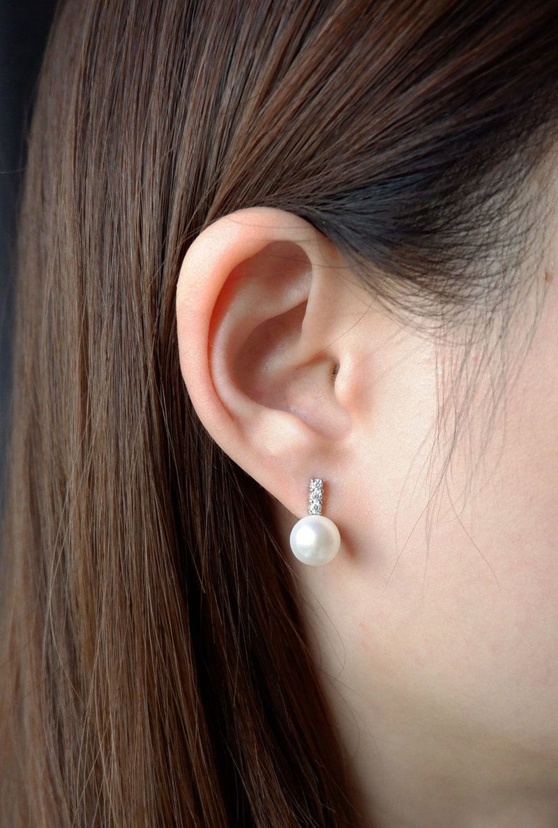 ต่างหูมุกน้ำจืดแท้ freshwater pearl earrings triple diamond pearl stud earrings - ต่างหู - เงินแท้ 