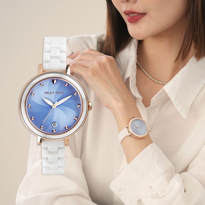 RELAX TIME Spring Blossom Rose Gold ×Ceramic Series-Blue (RT-98-5) - Women's Watches - Stainless Steel Blue