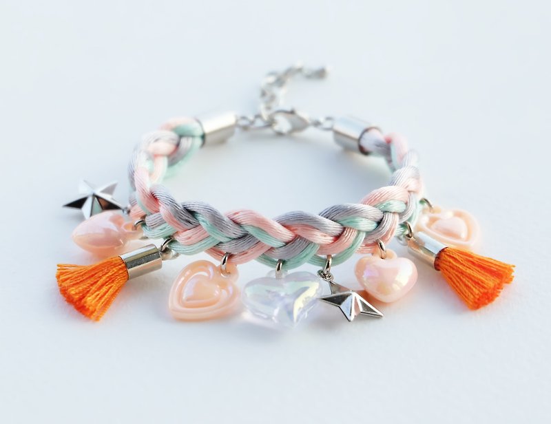 Peach/light mint/light gray braided bracelet with orange charms - สร้อยข้อมือ - วัสดุอื่นๆ สีส้ม