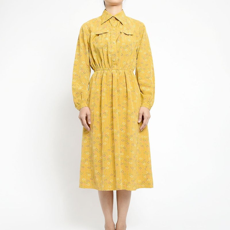 Vintage Dress - ชุดเดรส - เส้นใยสังเคราะห์ สีเหลือง