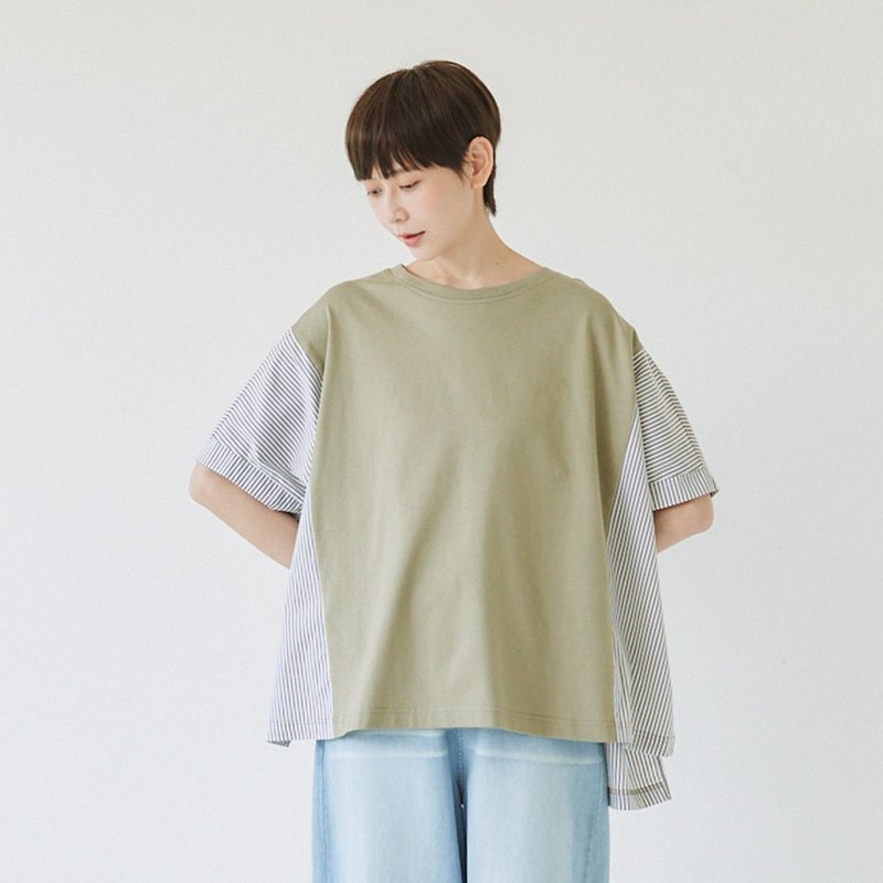 【Simply Yours】條紋拼接短袖T 綠F - 女 T 恤 - 棉．麻 綠色