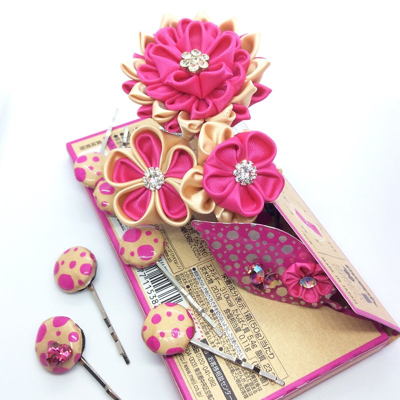 Brown and Pink Ribbon Flower Hair Sticks, Comb and Pin( meiji THE Chocolate) - เครื่องประดับผม - ผ้าไหม สีนำ้ตาล