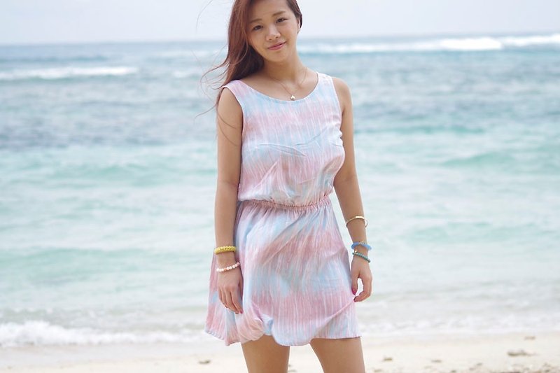 Tie dye back ribbon browsing dress pink blue - One Piece Dresses - Other Materials Pink