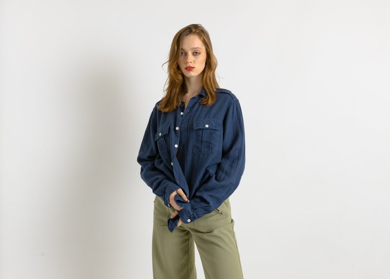 Ralph Lauren Blue Linen Logo Long Sleeve Buttons Up Unisex Shirt Medium 7501 - 男襯衫/休閒襯衫 - 亞麻 藍色