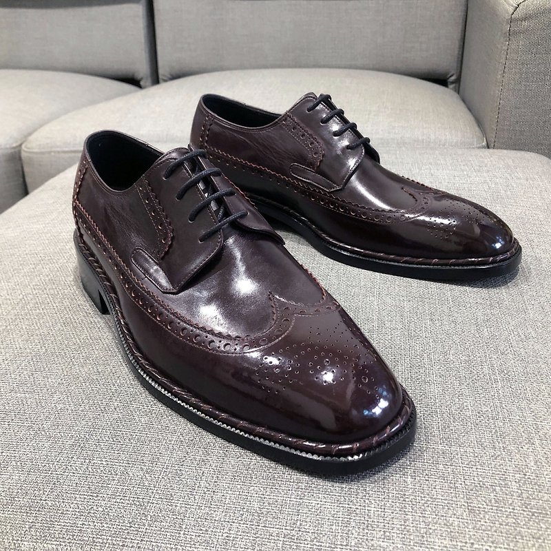 Carved Wing Pattern Serrated Derby Shoes Burgundy Carved Edges - Carved Shoes Gentlemen&#39;s Shoes Leather Shoes Leather Sole Shoes