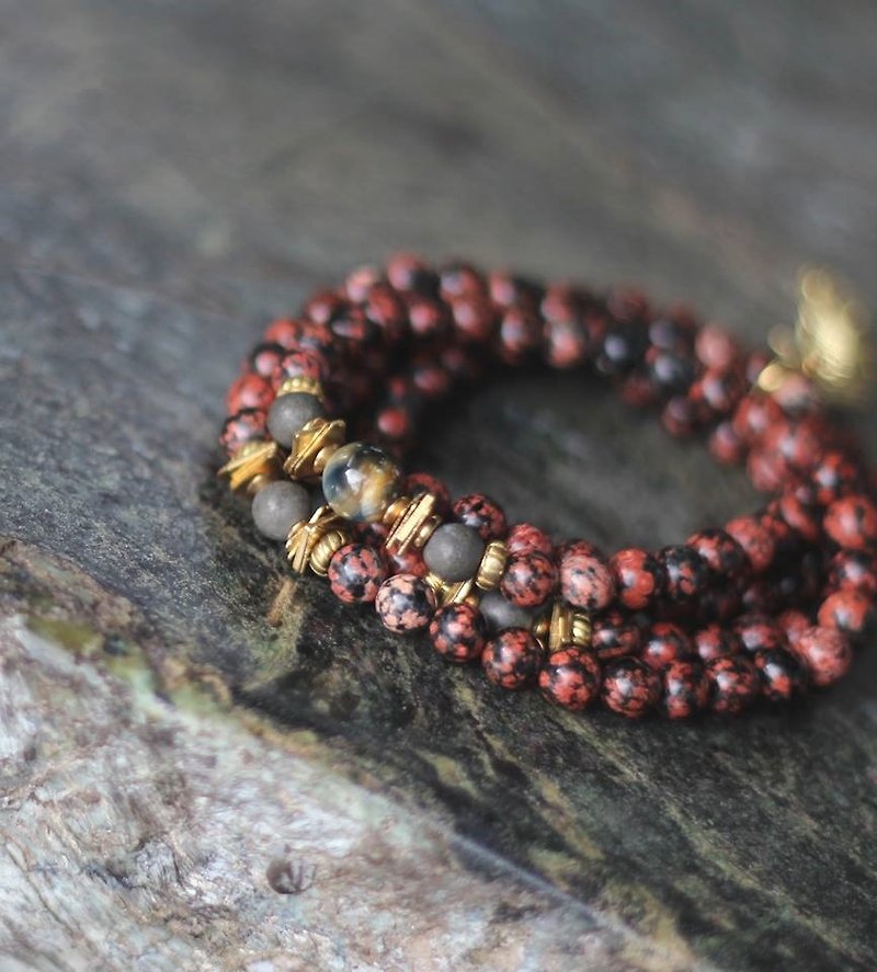 No brass feather pendant. Red Fire Shura. Natural ore Orthodox 108 four-chain rosary - สร้อยข้อมือ - เครื่องเพชรพลอย สีแดง