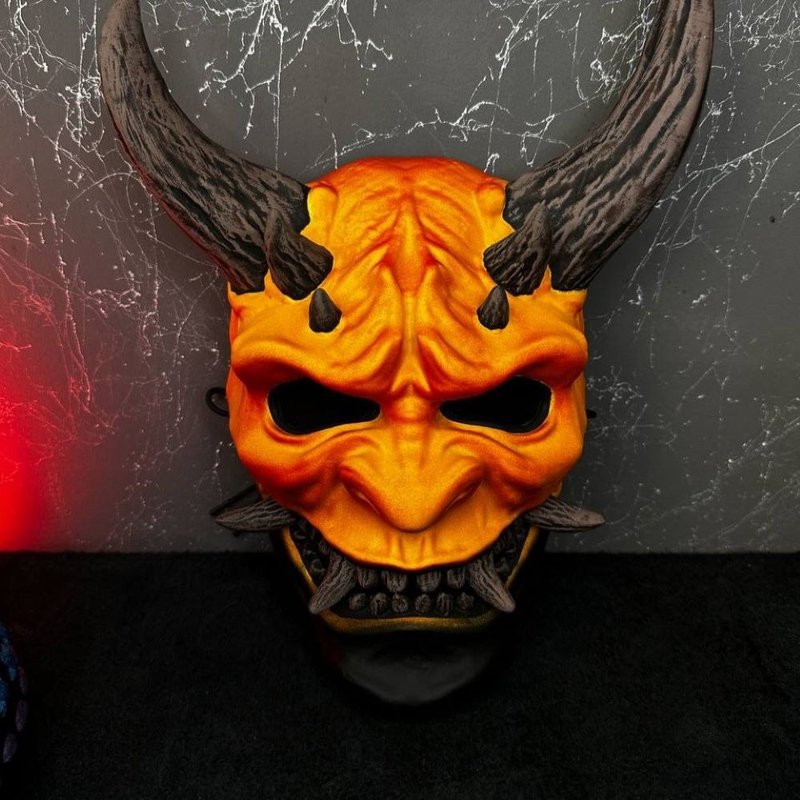 Orange Horror Oni Mask, Oni Demon Mask, Japanese Demon Cosplay, Devil Mask - 口罩/口罩收納套 - 樹脂 橘色
