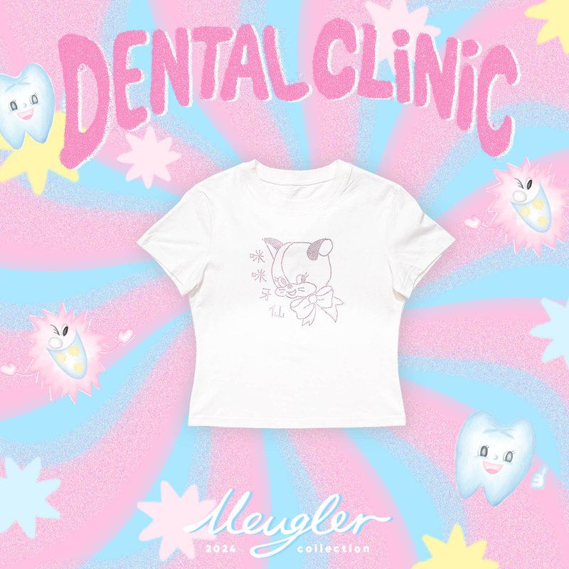 Niu Chou Island Niu Chou Dental Mimi Tooth Fairy Cute Hot Diamond Pattern Three-dimensional Embroidery Wings Hot Girl Half Sleeve - เสื้อยืดผู้หญิง - ผ้าฝ้าย/ผ้าลินิน ขาว