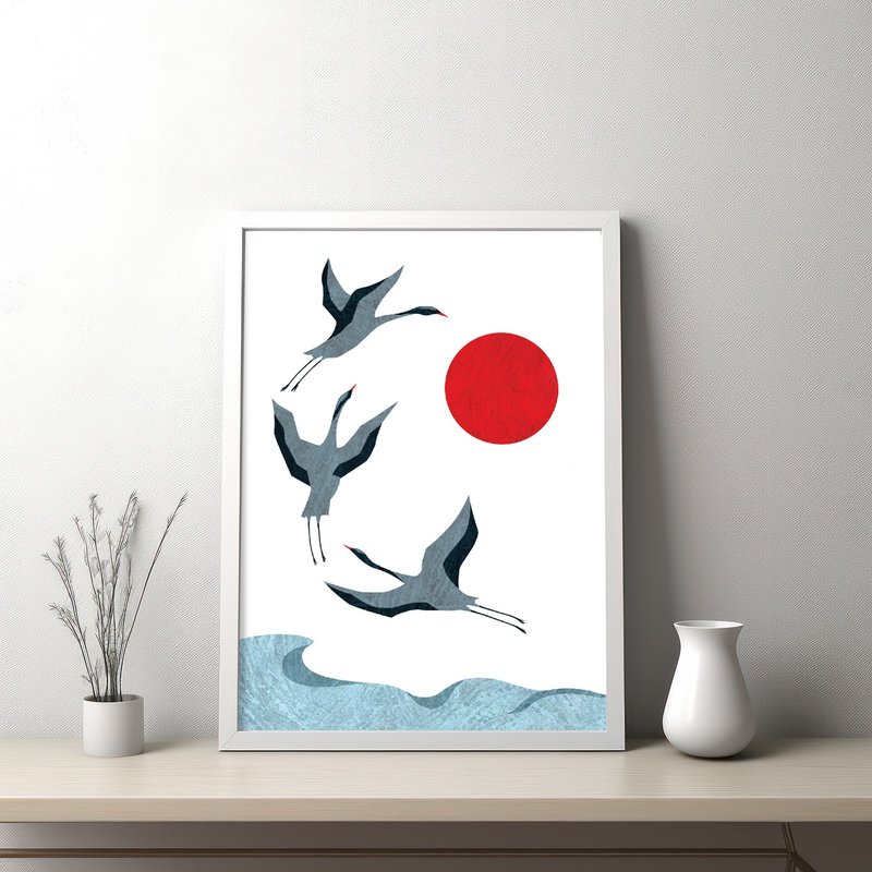 Cranes fly digital print, red sun, Japanese style, minimalism - 其他數位設計 - 其他材質 