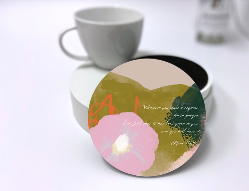 Abstract Garden Ceramic Scripture Coaster—Pink Flower - Coasters - Porcelain 